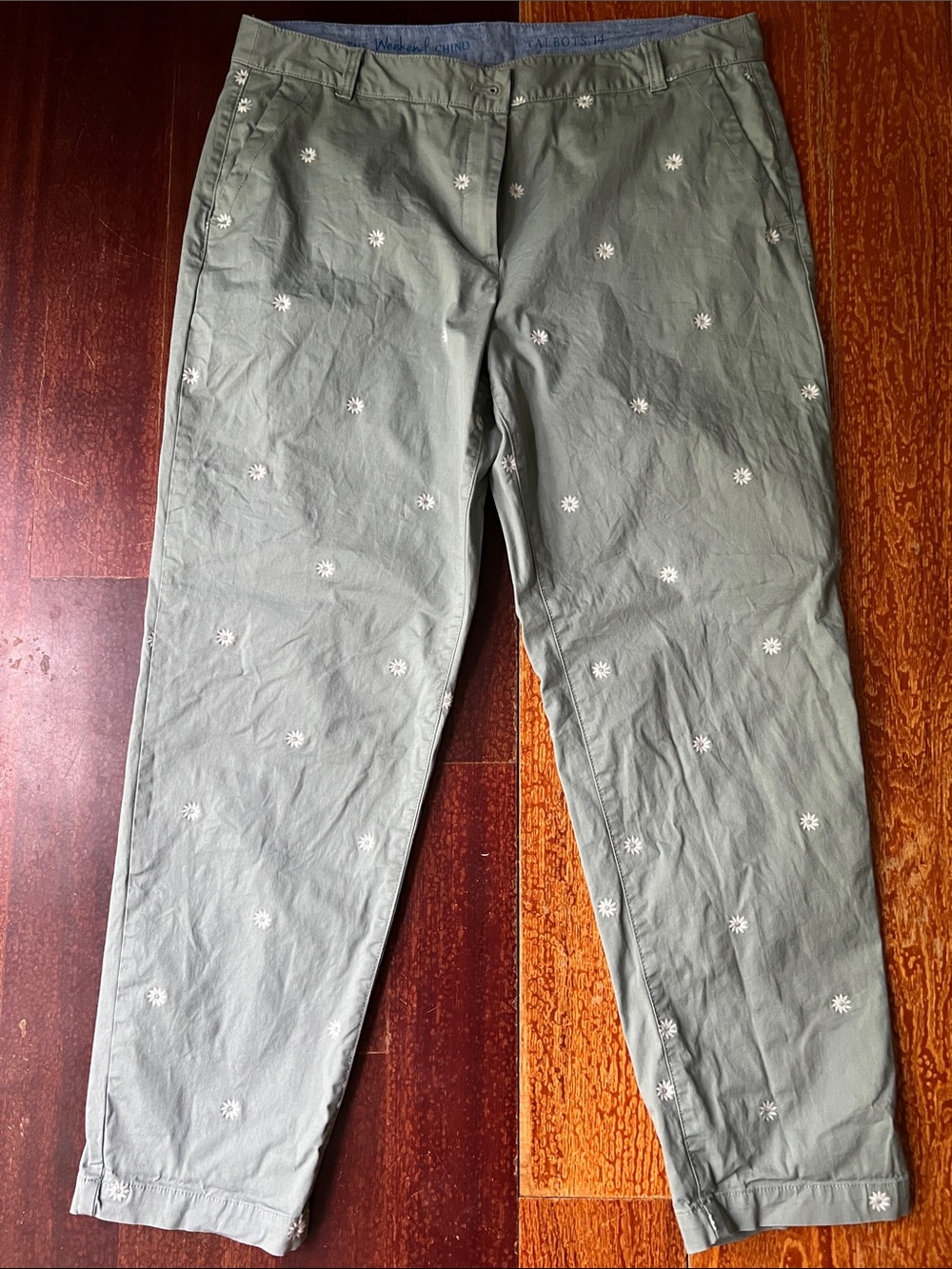Talbots Light Green Khaki Embroidered Daisy Chino Trousers size 14